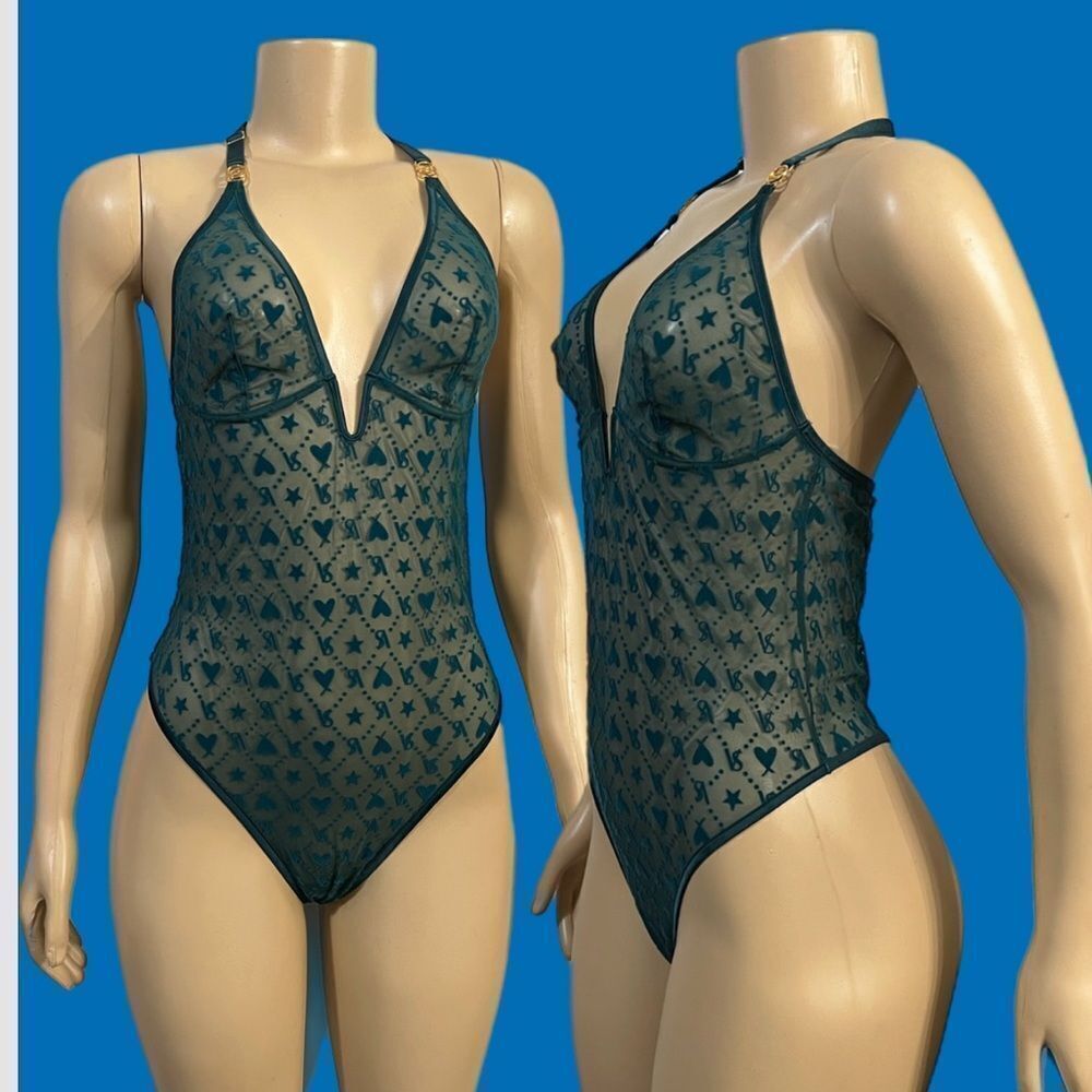 Victoria’s Secret Sexy Sheer mesh / velvet multiprint halter teddy Green Large